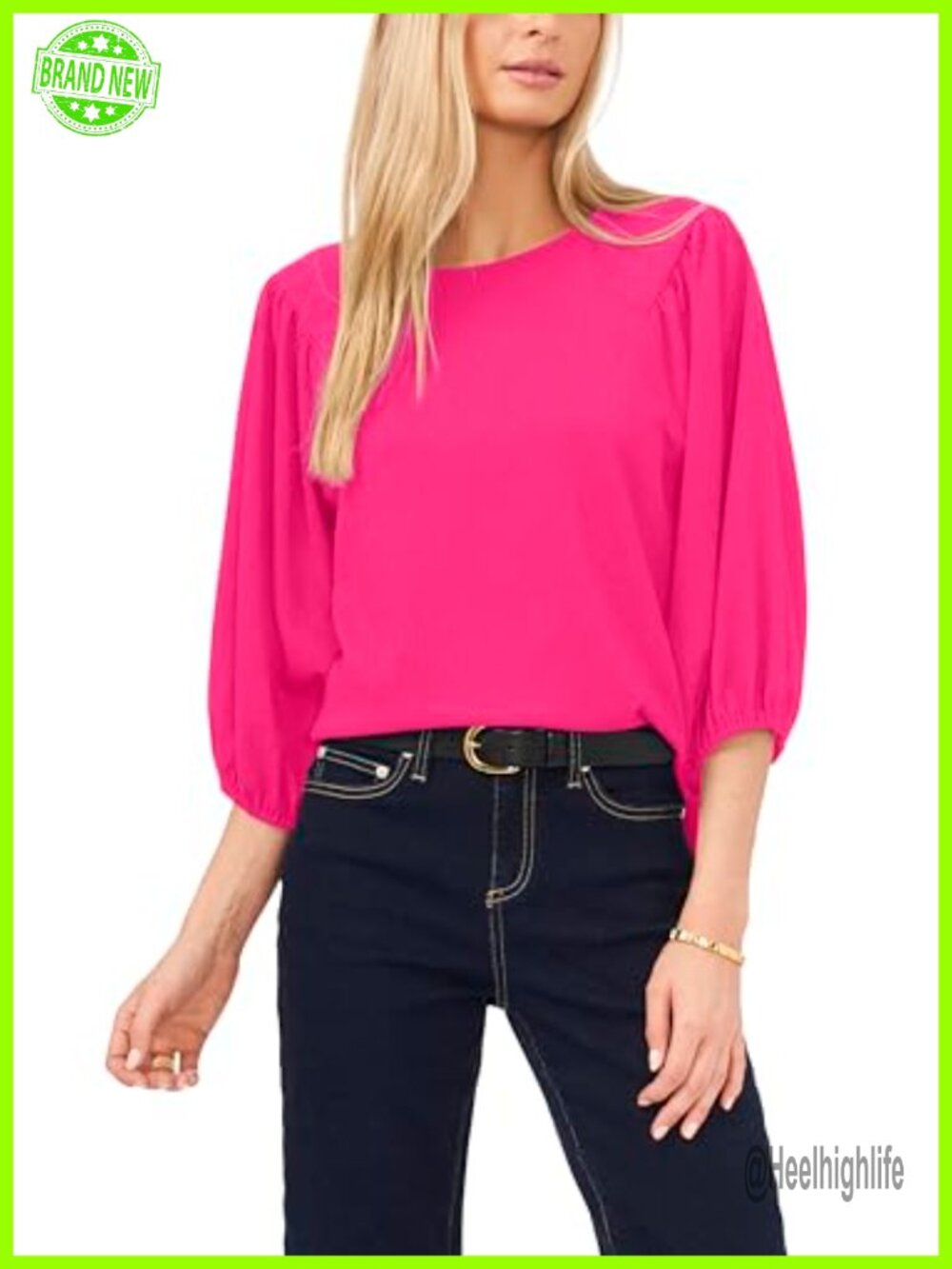 Puff Sleeve Knit Blouse Square Neck Pull On Mid Sleeve Casual Top